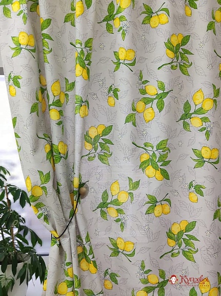Полулен "Лимонный сад на светло-серой дымке", ш.1.5м, лен-30%, хлопок-70%, 140гр/м.кв