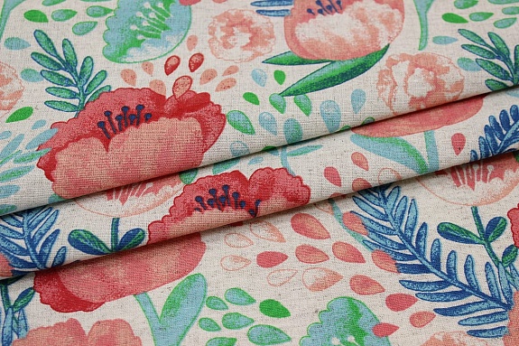 Полулен "Цветущие маки" (на т.суровом), ш.1.5м, лен-30%, хлопок-70%, 147гр/м.кв