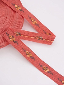 Жак.лента 18мм Желтый букетик на красно-коралловом