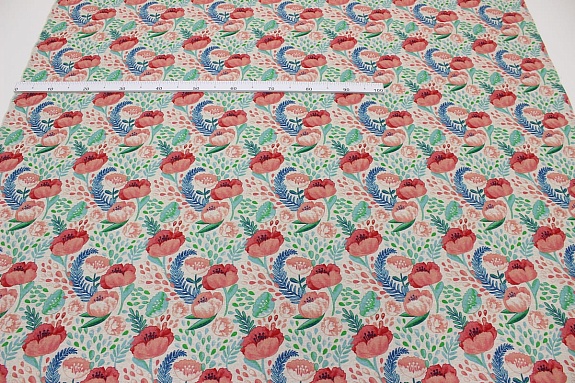 Полулен "Цветущие маки" (на т.суровом), ш.1.5м, лен-30%, хлопок-70%, 147гр/м.кв