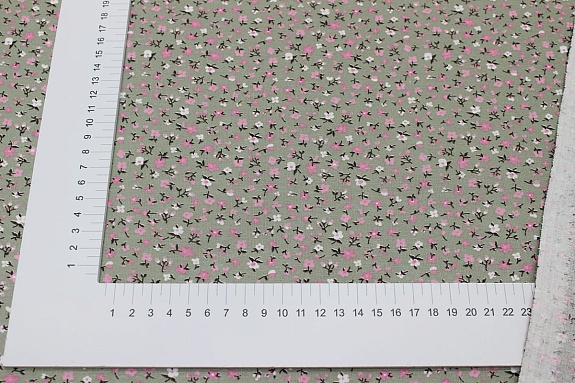 Ситец "Розовые мелкие цветочки на винтажно-эвкалиптовом", ш.0.8м, хлопок-100%, 85гр/м.кв