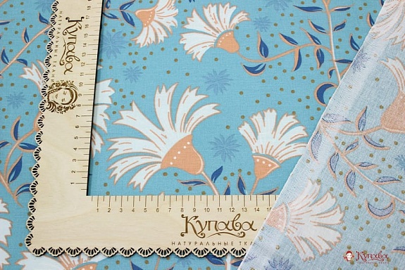 Поплин "Сказочные васильки на винтажно-бирюзовом", ш.2.2м, хлопок-100%, 110гр/м.кв