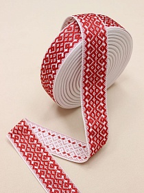 Лента тканая для поясов, 40мм Красный орнамент на белом, рис.9532