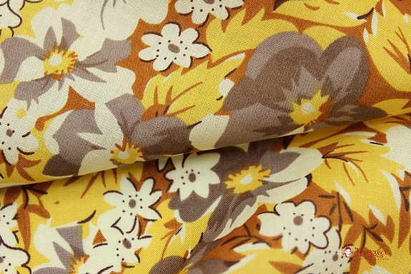 Мерный лоскут (ткань в отрезах) - Штапель "Цветочные узоры" цв.горчичный, ш.1.44м, вискоза-100%