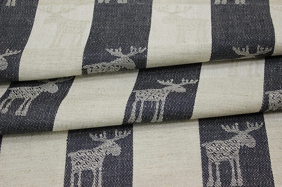 Полулен жаккард "Лоси маленькие" цв.натуральный/чернильный, ш1.6м, лен-51%, хлопок-49%, 220гр/м.кв