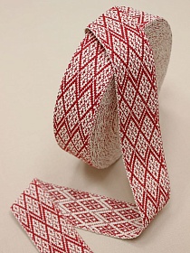 Лента тканая для поясов, 50мм Красный орнамент на суровом, рис.9541