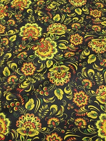Рогожка "Желто-зеленая хохлома на черном с птицами", ш.1.5м, хлопок-100%, 170гр/м.кв