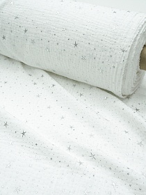 Муслин двухслойный с эф.жатости "Звездочки" (серебряный глиттер) цв.белый, ш.1.4м, хлопок-100%
