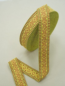 Лента тканая для поясов, 38мм Красный орнамент на лимонно-желтом (черная строчка)