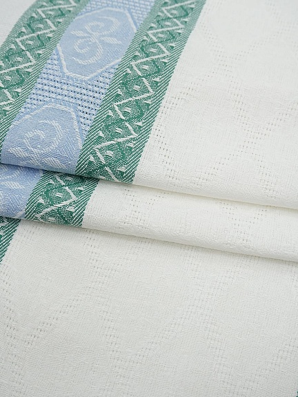 Холст полотенечный жаккард "Ромбы на белом с каймой" цв.голубой/изумрудный, ш.0.5м, лен-30%, хл-70%