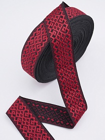 Лента тканая для поясов, 40мм Красный орнамент на черном, рис.9535