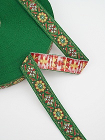 Жак.лента 24мм Желтый/красный цветочный орнамент на зеленом, рис.8752/9