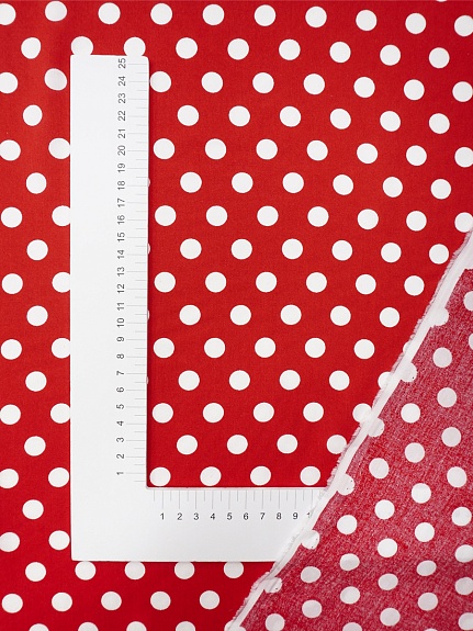 Штапель "Белый горох (11мм)" цв.красный, ш.1.45м, вискоза-100%, 95гр/м.кв
