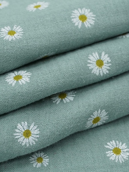 Муслин двухслойный с эф.жатости "Ромашка полевая" цв.винтажная мята, ш.1.4м, хл-100%, 120гр/м.кв