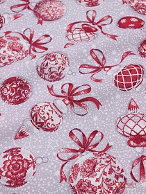 Ткань для столового белья "Красные новогодние игрушки на серо-сиреневой дымке", ш.1.48м, хл-100%