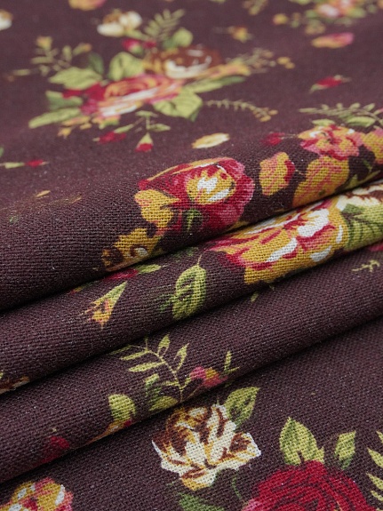 Хлопколен "Чайная роза на т.каштаново-коричневом", ш.1.46м, лен-20%, хлопок-80%, 140гр/м.кв