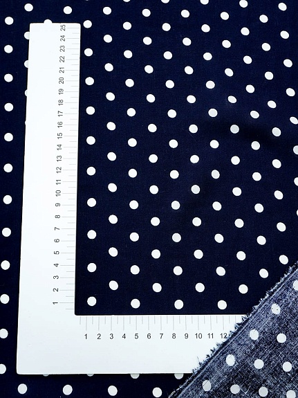 Штапель "Белый горох (7мм)" цв.чернильно-синий, ш.1.4м, вискоза-100%, 90гр/м.кв