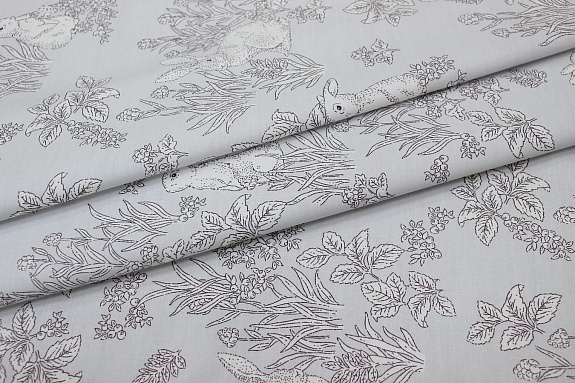 Сатин "Луговые зайчата" цв.св.жемчужно-серый, ш.2.35м, хлопок-100%, 110гр/м.кв