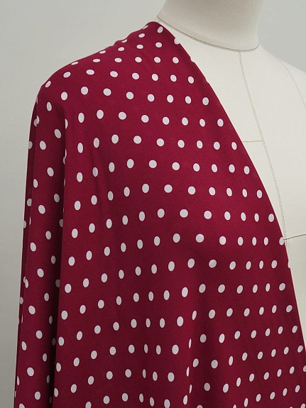 Штапель "Редкий средний горох №2 на малиново-бордовом", ш.1.44м, вискоза-100%, 110гр/м.кв