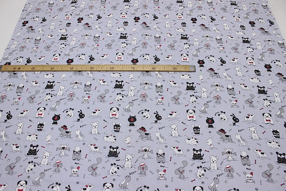Мерный лоскут - Поплин "Веселые собачки на сером", СОРТ2, ш.1.5м, хлопок-100%, 115гр/м.кв
