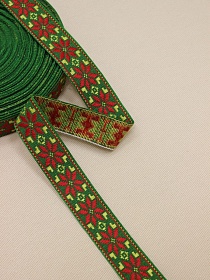 Жак.лента 24мм Темно-красная (с св.лимонным) снежинка-цветок на зеленом