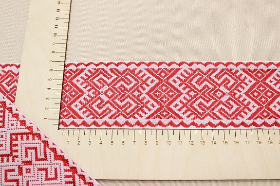 Жак.лента 70мм Алый славянский орнамент-оберег на белом