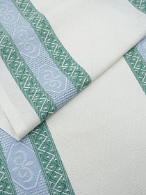 Холст полотенечный жаккард "Ромбы на белом с каймой" цв.голубой/изумрудный, ш.0.5м, лен-30%, хл-70%