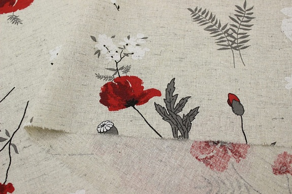 Полулен "Маки (цв.красный) Шелковый муар" (на суровом), ш.2.2м, лен-30%, хлопок-70%, 150гр/м.кв