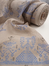 Льняная сетка "Макошь под набойку" цв.натуральный/василек, ш.1.15м, лен-100%, 100гр\м.кв