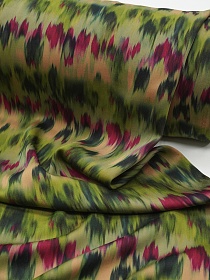 Штапель Премиум "Икат" цв.зеленая олива/т.фуксия, ш.1.5м, вискоза-100%, 125гр/м.кв