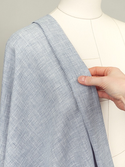 Лен сорочечный пестротканый с умягчением "Мелкая клетка" цв.белый/синий, ш.1.5м, лен-100%