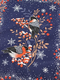 Мерный лоскут (ткань в отрезах) Рогожка "Полночь - снегири", ш.1.5м, хлопок-100%, 165гр/м.кв, раппорт 63см