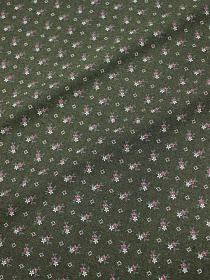 Плательный хлопок "Мелкие бордово-белые цветочки на т.зеленом хаки меланже", ш.1.5м, хл-80%, п/э-20%