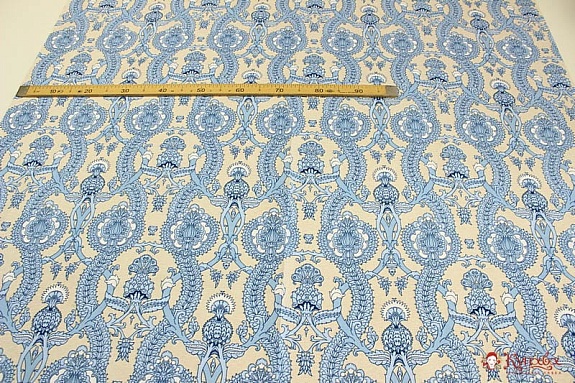 Мерный лоскут - Рогожка Премиум "Голубой цветочный орнамент на бежевом", ш.1.5м, хлопок-100%