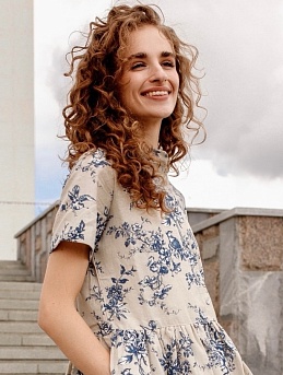 Платье из полульна "Райские птицы" в цвете джинс