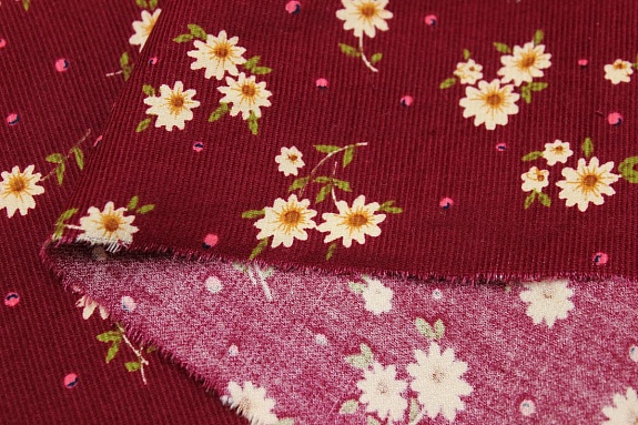 Микровельвет "Ромашки на бордовом в точку", ш.1.5м , хлопок 100%, 150гр/м.кв
