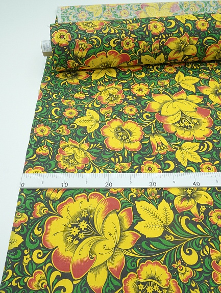 Бязь "Черно-желтая хохлома с зеленым", СОРТ2, ш.1.5м, хлопок-100%, 120гр/м.кв