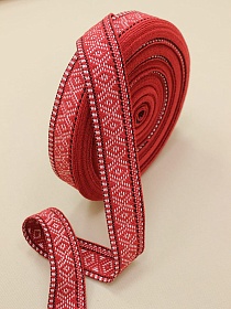 Лента тканая для поясов, 38мм Белый орнамент на красном, рис.9856
