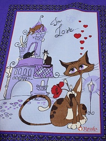 Вафельное полотно "Кошки с сердечками на фиолетовом", ш.1.5м, хлопок-100%, 160гр/м.кв, раппорт 64см