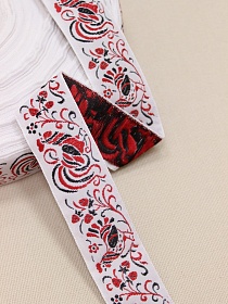 Жак.лента 32мм Красно-черные петухи на белом, рис.7224/1