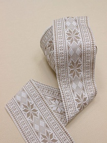 Жак.лента 92мм Бежевый старорусский орнамент на белом