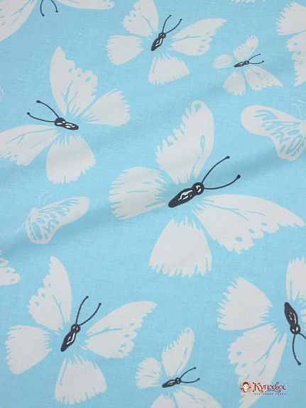 Поплин "Крупные бабочки на светло-голубой бирюзе", ш.2.2м, хлопок-100%, 115гр/м.кв.