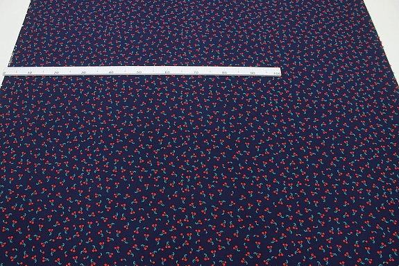 Штапель "Маленькие вишенки на чернильном", ш.1.45м, вискоза-100%, 110гр/м.кв