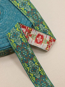 Жак.лента 32мм Ярко-лимонный/красный/молочный узор на бирюзово-зеленом