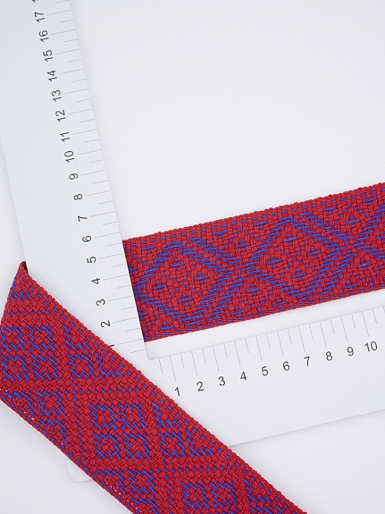 Лента тканая для поясов, 50мм Синие ромбы на красном