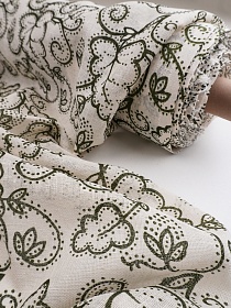 Льняная сетка "Переплетение листвы под набойку" цв.сливочный/т.хаки, ш.1.15м, лен-100%, 150гр/м.кв