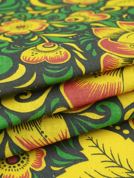 Бязь "Черно-желтая хохлома с зеленым", СОРТ2, ш.1.5м, хлопок-100%, 120гр/м.кв
