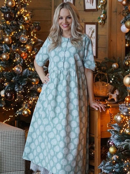 Платье из теплого хлопка "Белые деревья на св.винтажной мяте"