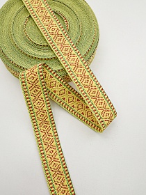 Лента тканая для поясов, 38мм Красный орнамент на лимонно-желтом (зеленая строчка)