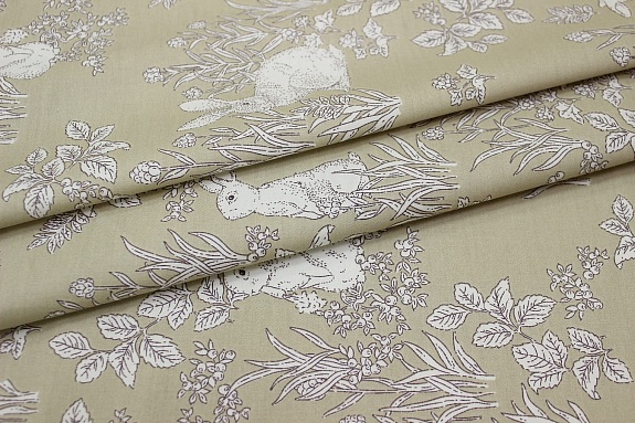Сатин "Луговые зайчата" цв.бежевый с зеленым оттенком, ш.2.35м, хлопок-100%, 110гр/м.кв
